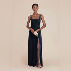 Birdy Grey Alex Navy Gray Velvet Square Neck Slit Sleeveless Bridesmaid Dress M